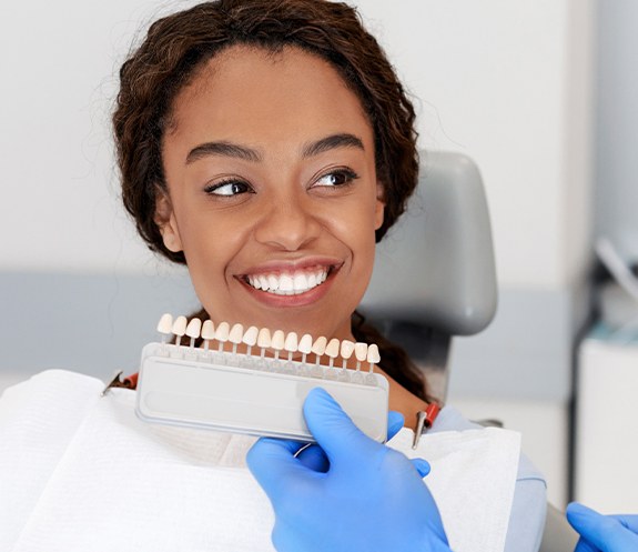 Woman's smile compared with porcelain veneer shade chart